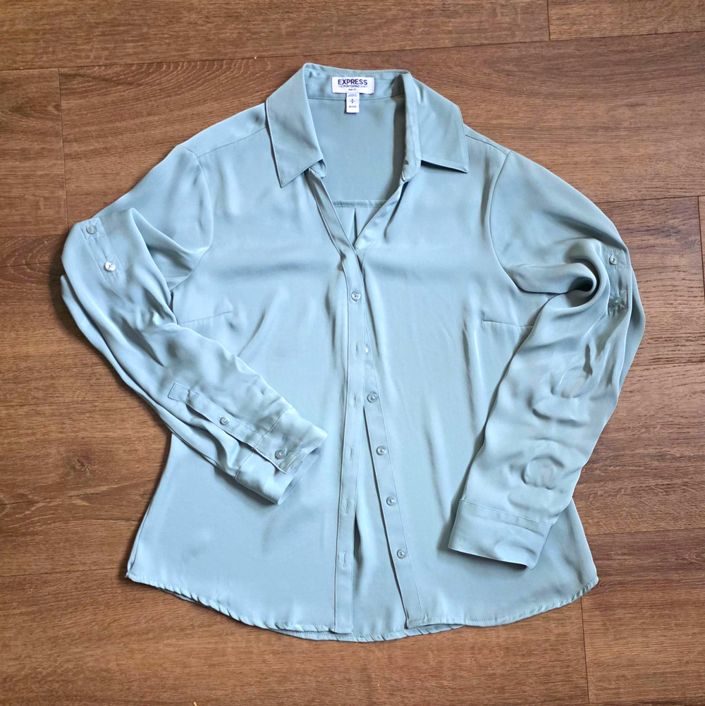 Express Portofino Shirt Petite Small Slim Fit Mint Green Roll Tab Blouse